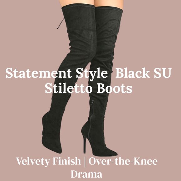 🖤 Statement Style Pointed Toe Thigh-High Silhouette Black SU Stiletto Boots - Picture 1 of 7